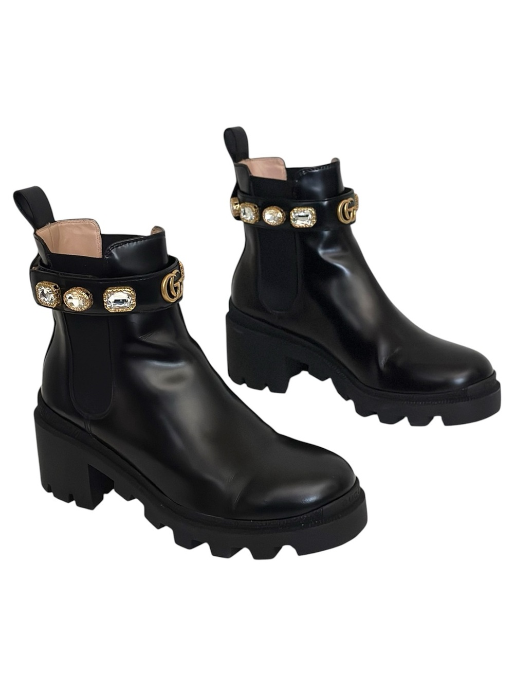 Gucci Trip Embellished Leather Chelsea Boots in Black size 37.5 US 7.5 Pull On